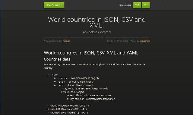 WebDesign Ensemble de données des Pays du monde en JSON CSV XML et YAML - countries