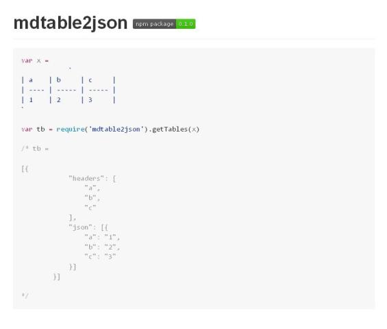 WebDesign Un Petit module pour convertir les tables de markdown en JSON - mdtable2json