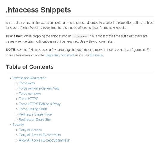 WebDesign Une grande collection de fichier htaccess - .htaccess Snippets